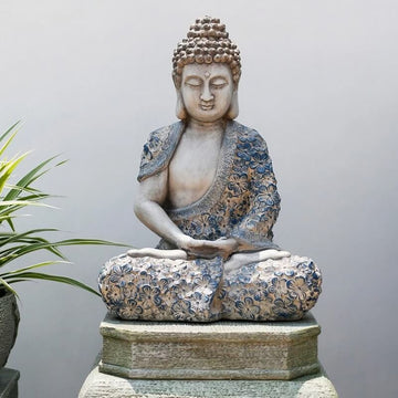 16.9″ Garden Buddha Statue - Durable Magnesium Oxide - Flower Seated Theme